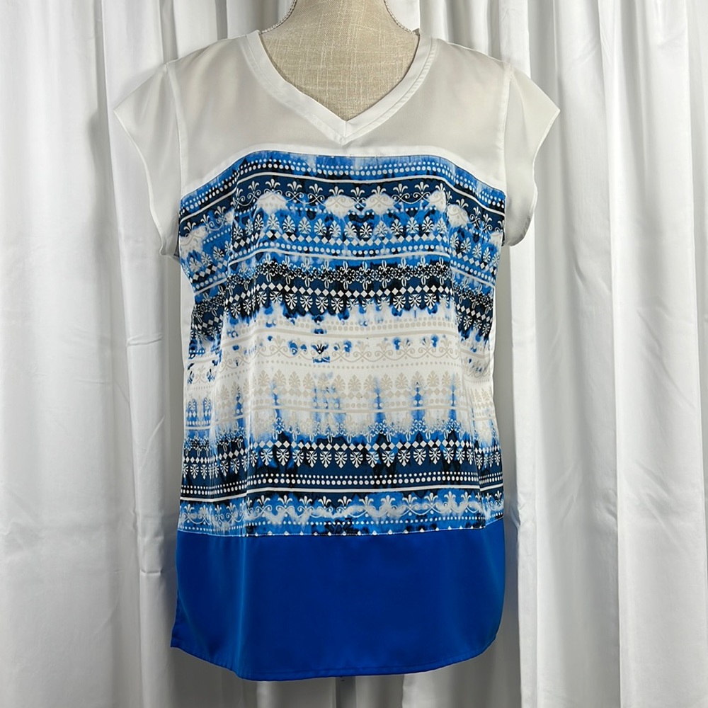 Nue Options L Blue/White Mixed Pattern Blouse